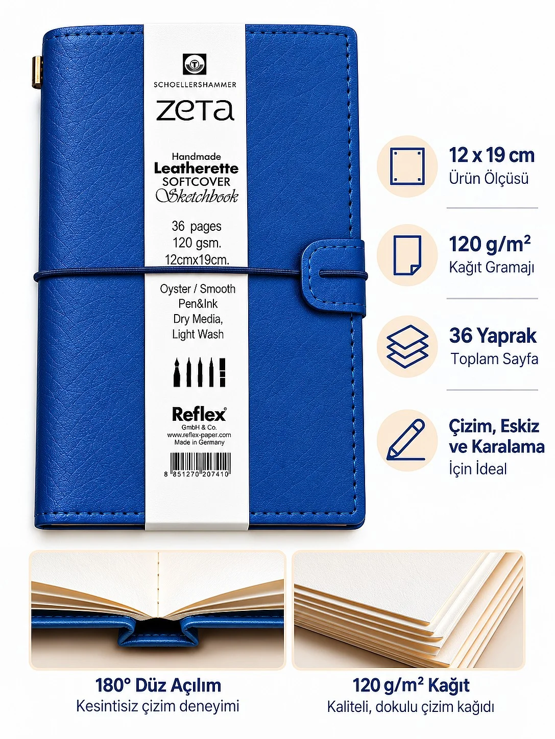 Schoellershammer Zeta Leatherette Eskiz Defteri  Mavi 12x19cm 120gr 36yp